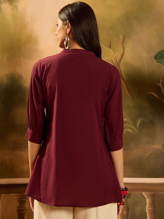 Sangria Women Embroidered Mandarin Collar Cuffed Sleeve Top