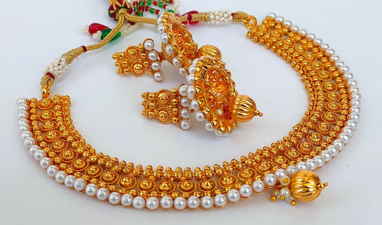 Designer Metallic Necklace Set With White Beads