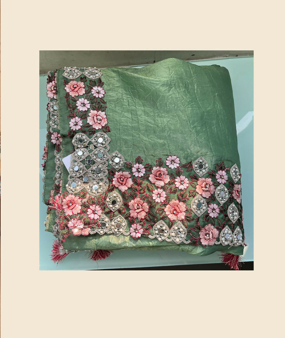 Green Banarasi Crush Silk Thread, Sequence, Cord Embroidered with Stone & Mirror Work Saree - Mohmanthan Dakshika