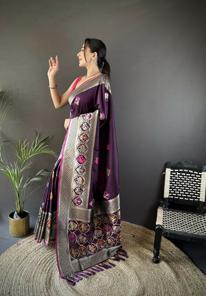 Joban Fashion Wine Elephant & Floral Motifs Soft Lichi Silk Banarasi Saree