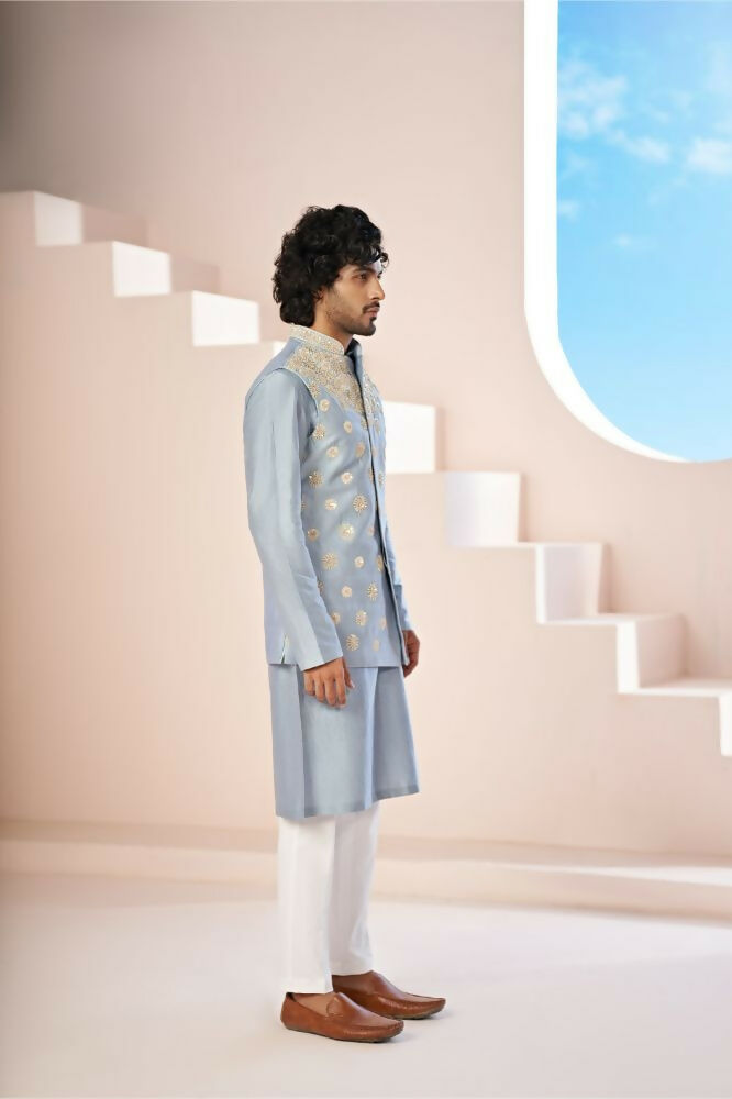 A Powder Blue Floral Hand Embroidered Nehru Jacket by Hilo Design