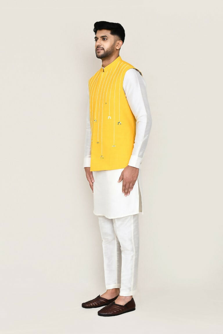 Joban Fashion White Colored Art Silk Fabric Kurta, Jacket With Straight Fit Pant