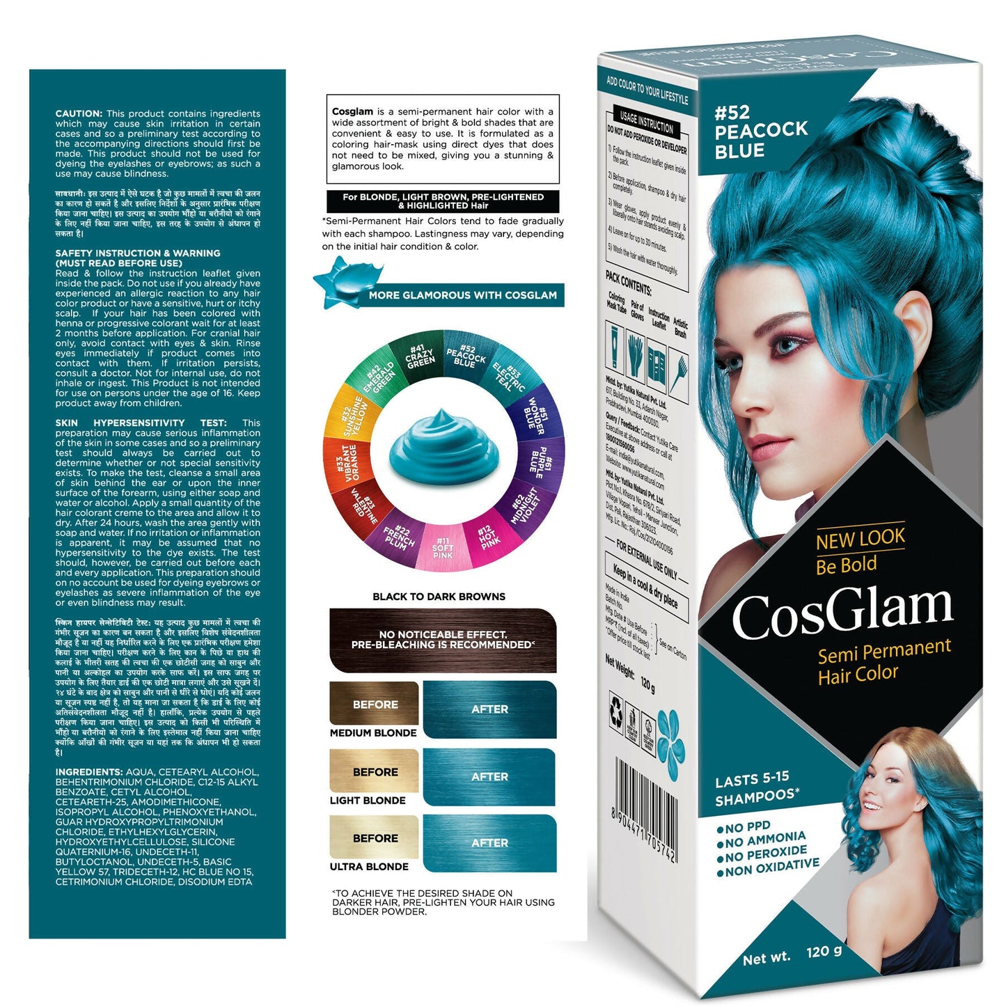 Cosglam Semi Permanent Hair Color for Women & Men (#52 Peacock Blue)