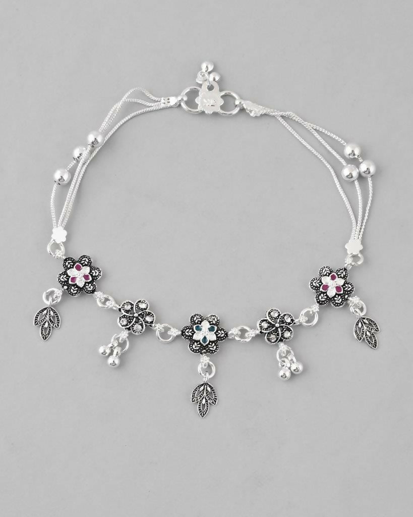 VOJ Set of 2 Silver Plated Flower Shaped Stone Studded Anklet