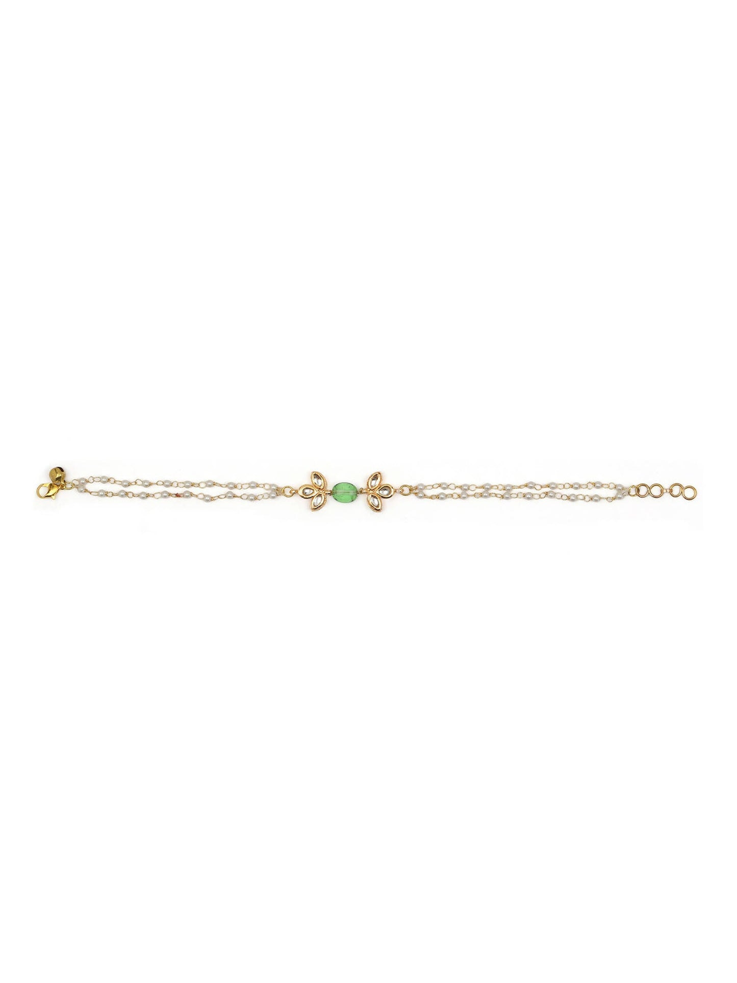 Gold-Polished Green White Kundan Beads Anklet Set Of 2 - Ruby Raang