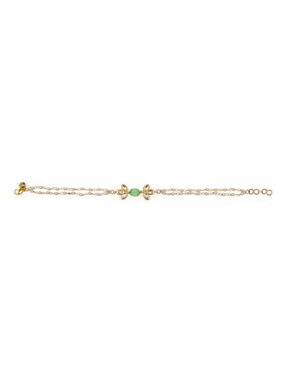 Gold-Polished Green White Kundan Beads Anklet Set Of 2 - Ruby Raang