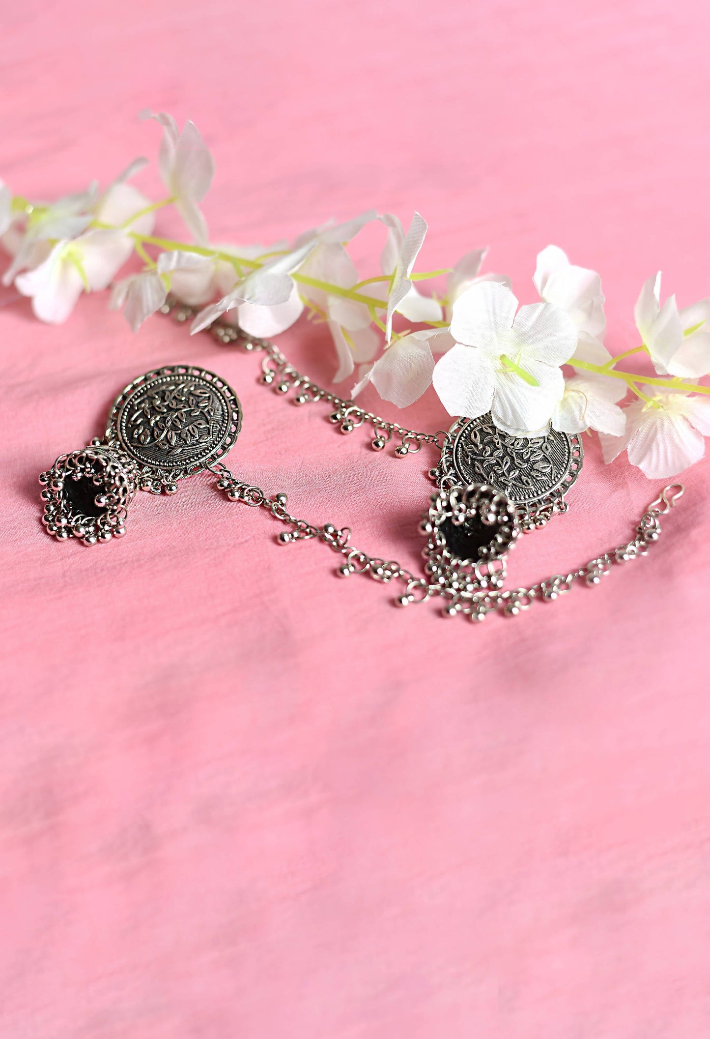 Mominos Fashion Johar Kamal Trendy Oxidized Silver Plated Bahubali Jhumkas