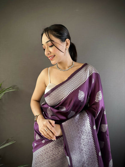 Joban Fashion Wine Floral Motifs Soft Silk Banarasi Saree
