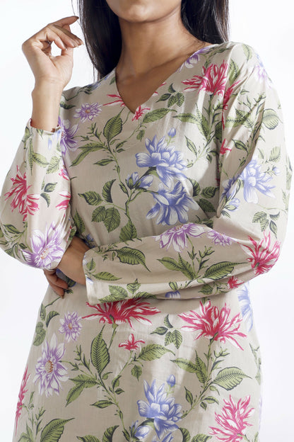 Breathables Women’S Loungewear Long Kurta Co-Ord Set Cotton Cream Floral Print