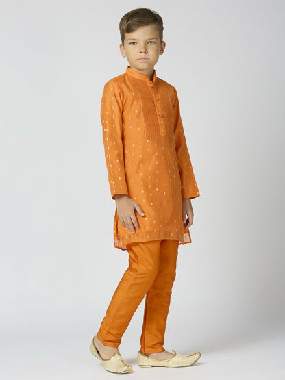 Joban Fashion Kids Island Full Sleeves Chanderi Kurta, Pyjama Set with Traditional Butta Work - Orange