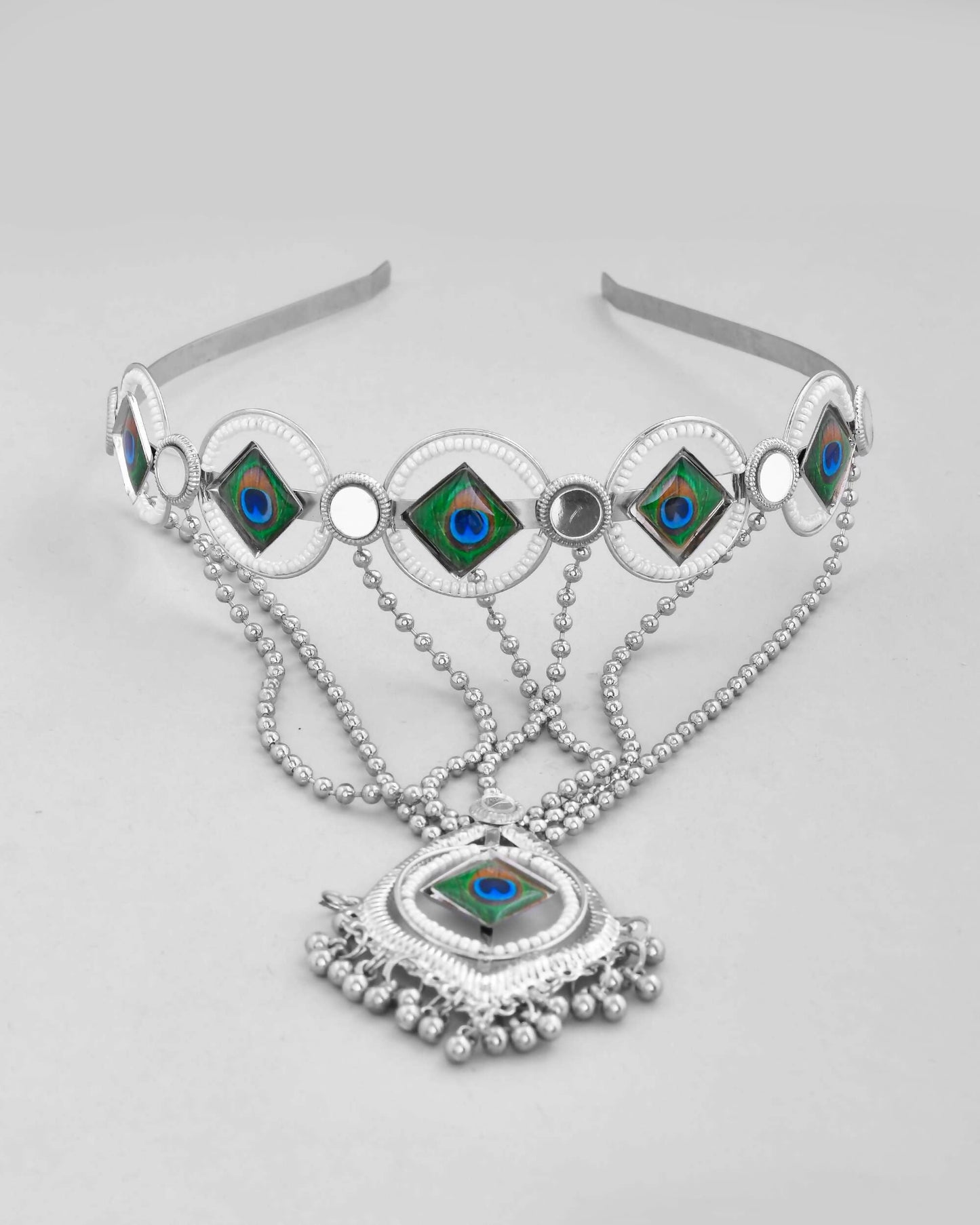 VOJ Silver Plated Peacock Printed Hairband With Mang Tikka