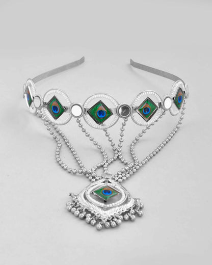 VOJ Silver Plated Peacock Printed Hairband With Mang Tikka