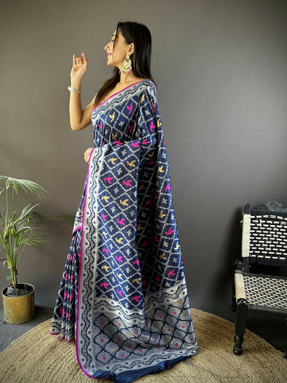 Joban Fashion Royal Blue Jacquard Woven Pattern Lichi Soft Silk Banarasi Saree