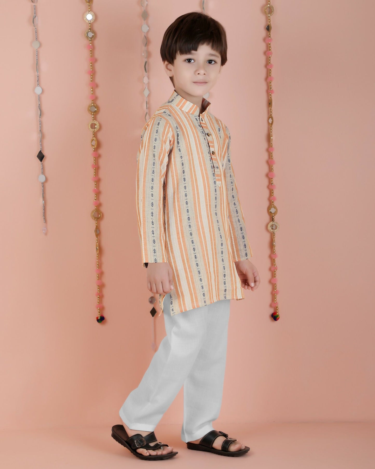 Joban Fashion Kids Island Cotton Full Sleeves Striped Kurta and Pyjama- Orange