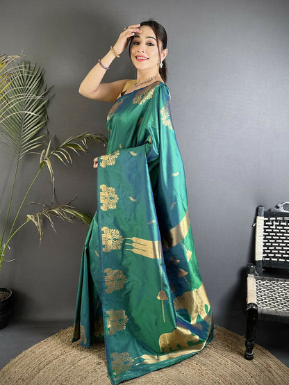 Joban Fashion Dark Teal Motifs Zari Weaving Soft Silk Banarasi Saree