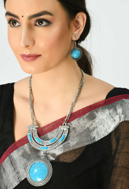 Mominos Fashion Johar Kamal Oxidised Silver-Plated Stone Work Long Necklace Handicraft Sky Blue