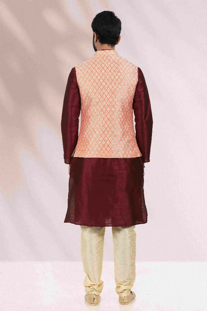 Raivat Ethnic Jacquard Banarasi Silk Woven Work 3 Pics Jacket Set In Peach Colour