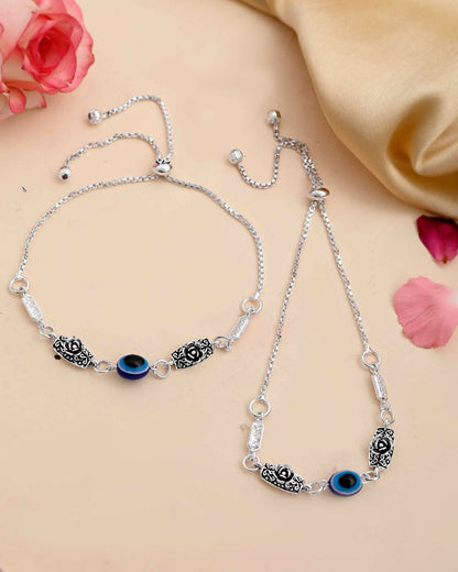 VOJ Set of 2 Silver Plated Flower And Evil Eye HandCrafted Anklet