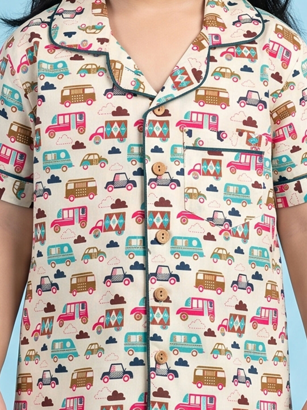 Breathables Woven Cotton Half Sleeves Bus Cars Shirt & Pyjama White