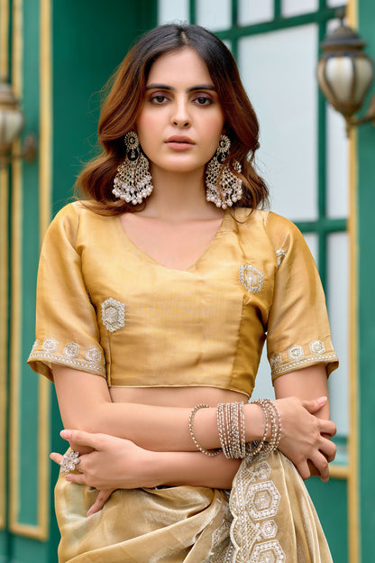 Vastranavya Beige Embroidery Work Shimmer Chiffon Saree with Unstitched Blouse