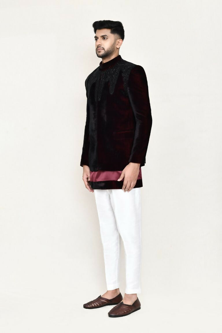 Joban Fashion Maroon Colored Satin Silk Fabric Open Prince Coat, Kurta With Straight Fit Pant