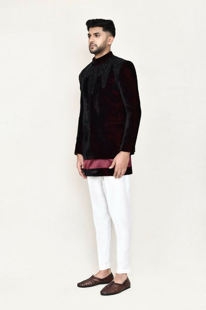 Joban Fashion Maroon Colored Satin Silk Fabric Open Prince Coat, Kurta With Straight Fit Pant