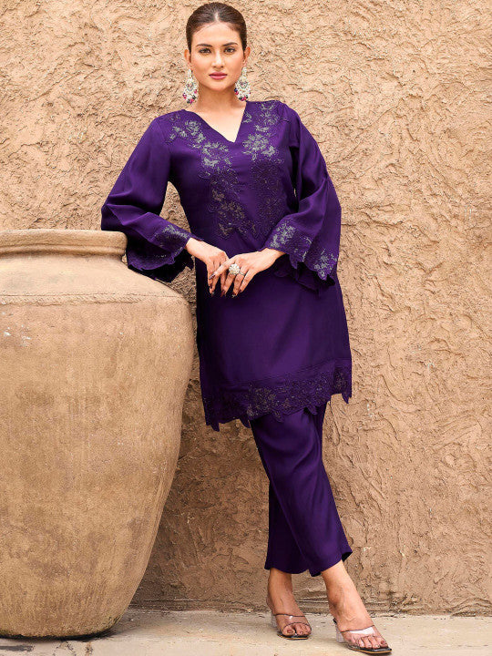 Tikhi Imli Embellished Sequinned V-Neck Tunic With Trousers