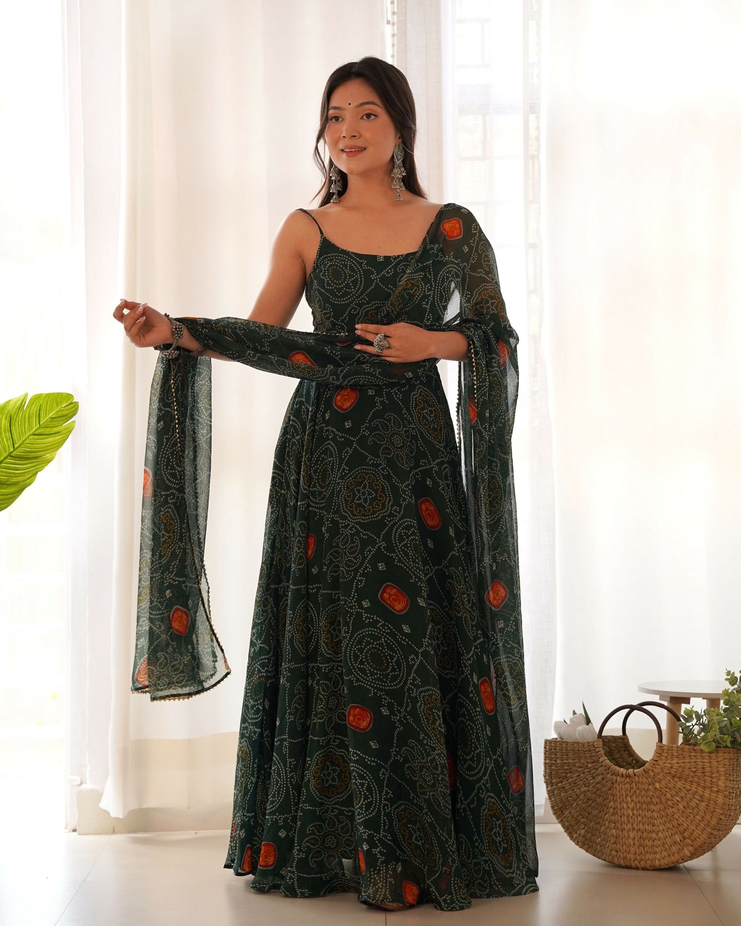Joban Fashion Bottle Green Kurta Set Chiffon Sequin Embroidery Work
