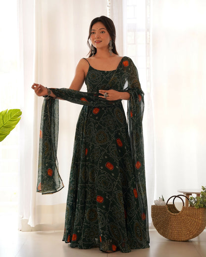 Joban Fashion Bottle Green Kurta Set Chiffon Sequin Embroidery Work