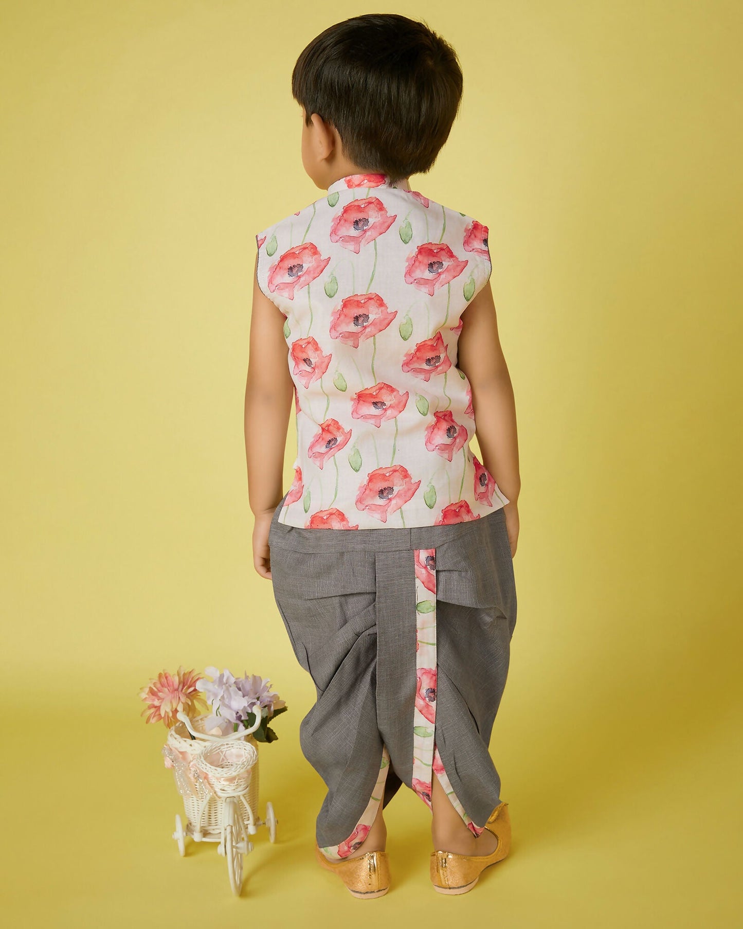 Joban Fashion Kids Island Cotton Sleeveless printed Kurta and Solid Dhoti - Grey