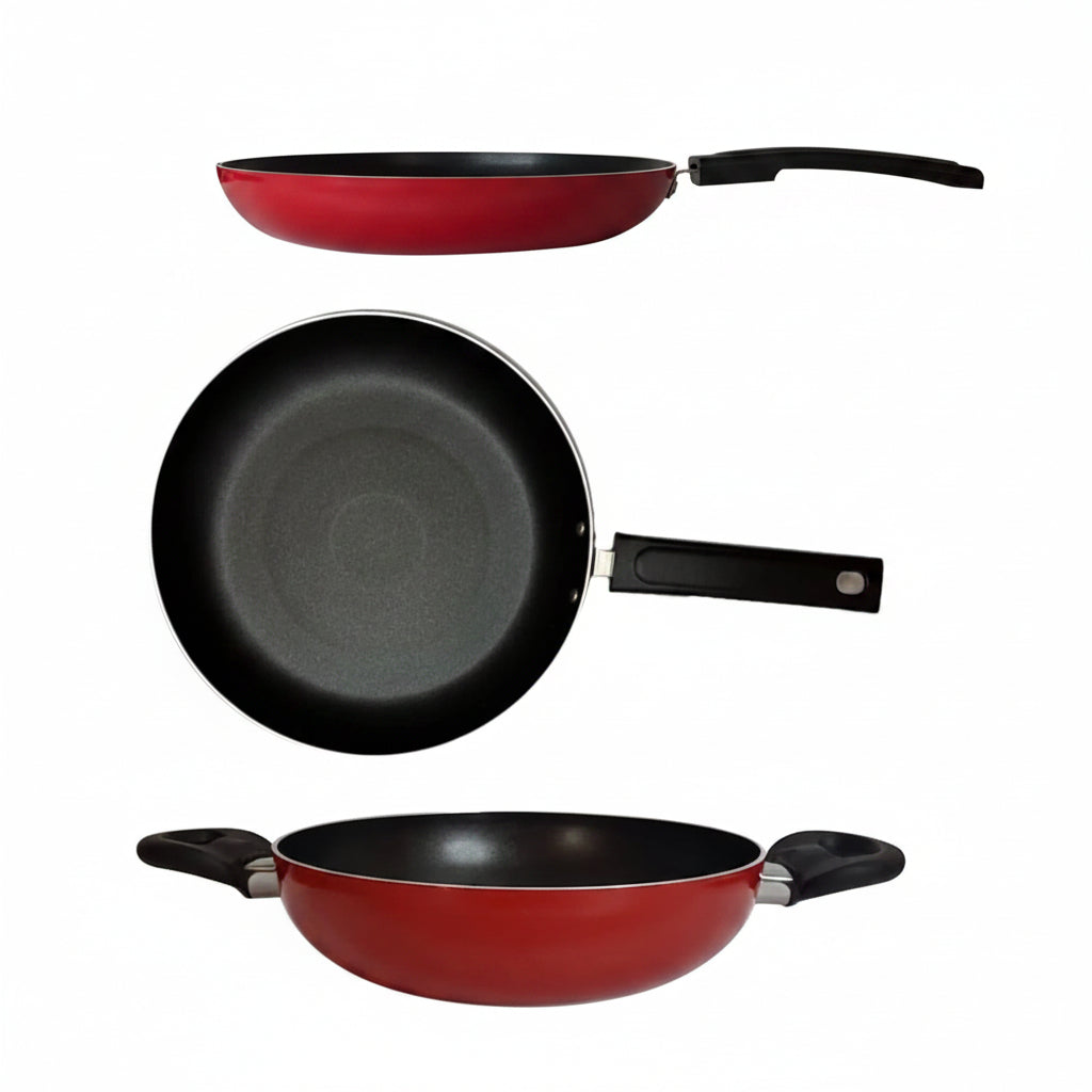 USHA SHRIRAM Non-Stick Set Tawa + Kadai + Frying Pan with Lid 1pc Multipurpose Red