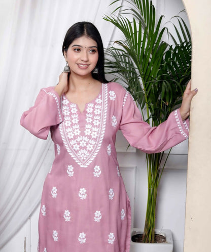 Miravan Women's Chikankari Embroidery Pink Straight Kurta & Palazzo Set