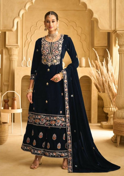 Anaita Dark Blue Embroidered with Beads Velvet Stitched Plazo Suit