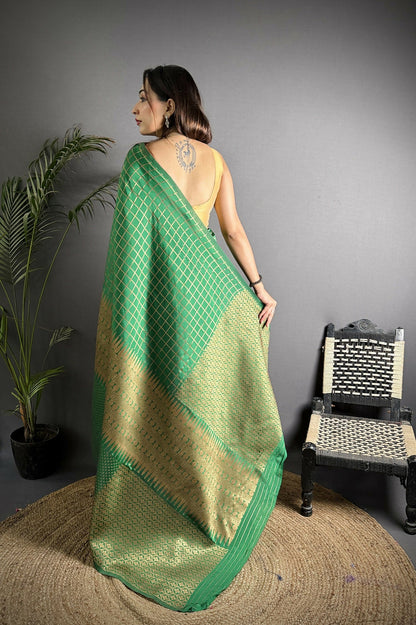Joban Fashion Emerald Green Banarasi Soft Lichi Silk Checks & Woven Saree
