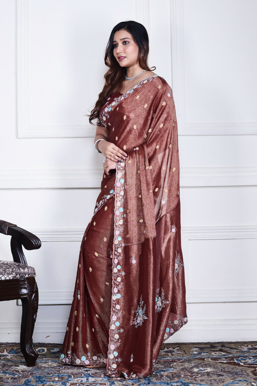 Morchari Brown Pure Chiffon Hand Embroidery Saree And Stitched Blouse