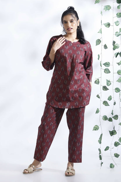 Breathables Butta Print Cotton Co-Ord Set – Wine