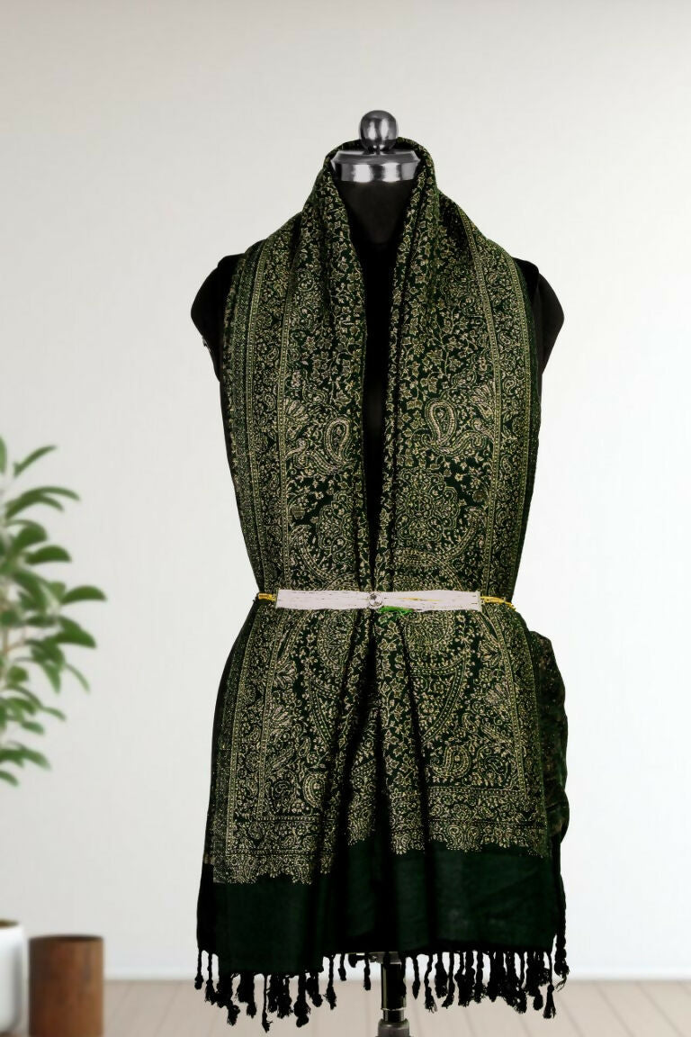 Weaving Mystery Handloom Pashmina Shawl-Kaani Zari - Green