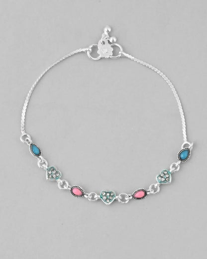 VOJ Set of 2 Silver Plated Heart Shaped Meenakari Anklet