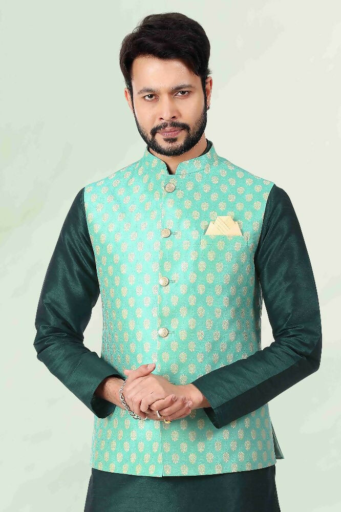 Raivat Ethnic Jacquard Banarasi Silk Woven Work 3 Pics Jacket Set In Pista Green Colour