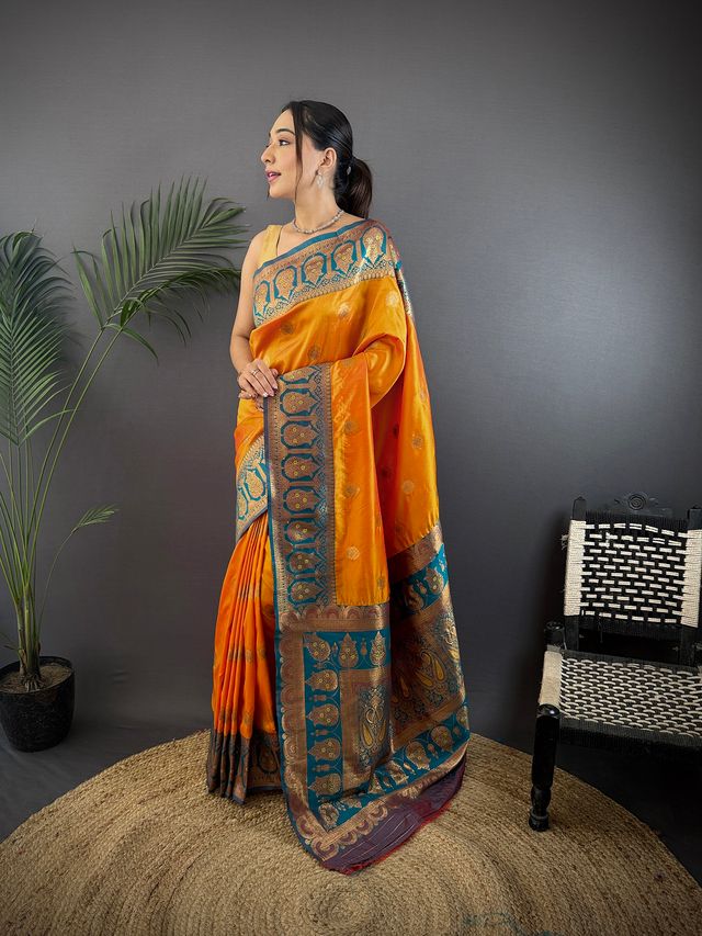Elora Orange Soft Silk Butti Zari Weaving Constrast Pallu Banarasi Saree