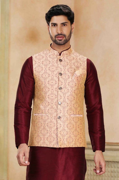 Raivat Ethnic Jacquard Banarasi Silk Woven Work 3 Pics Jacket Set In Beige Maroon Colour