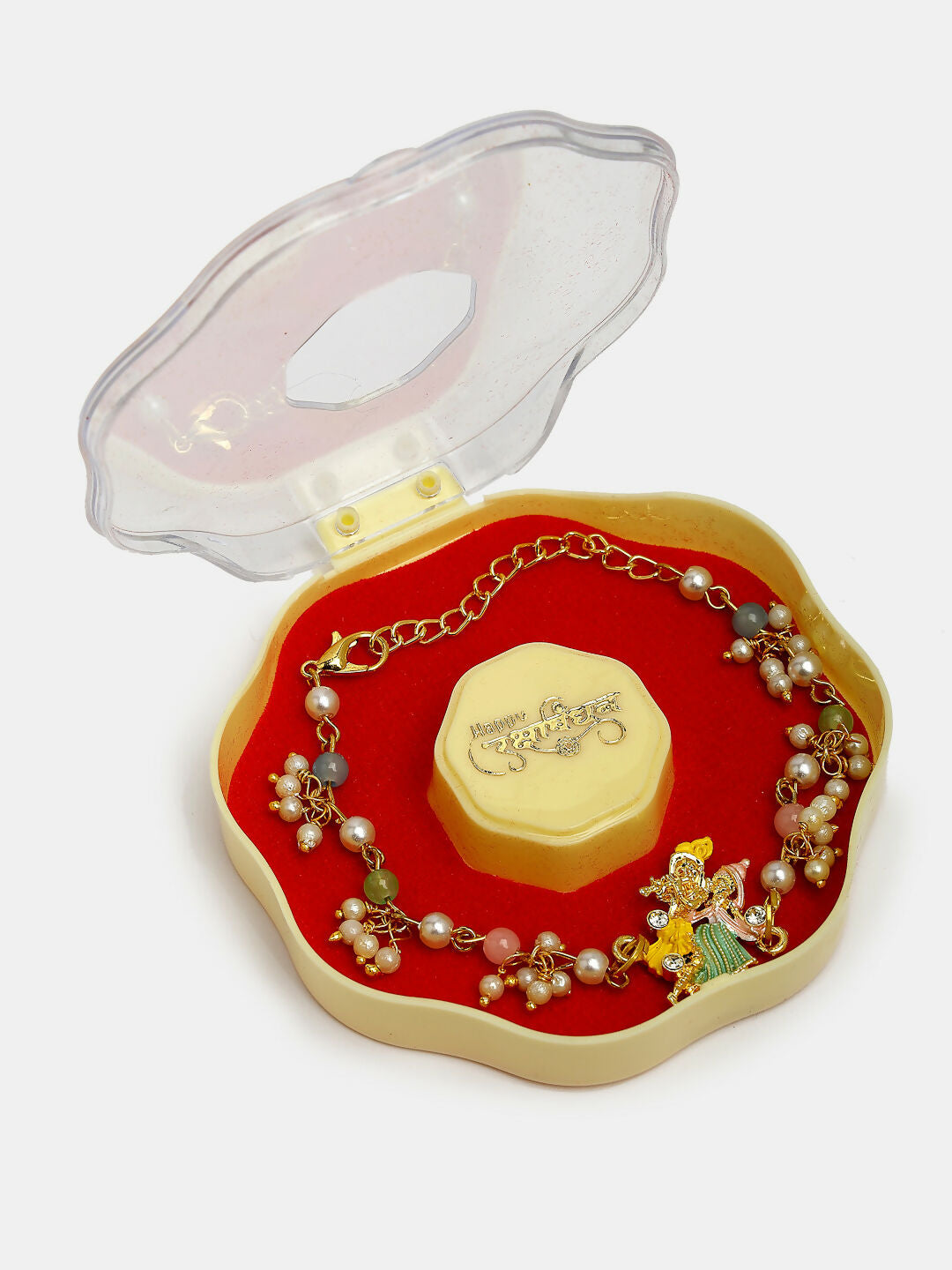 NVR Women & Men Set of 2 Multicolor Gold-Toned Radha Krishna Beaded Bhaiya Bhabhi Rakhi With Roli Chawal