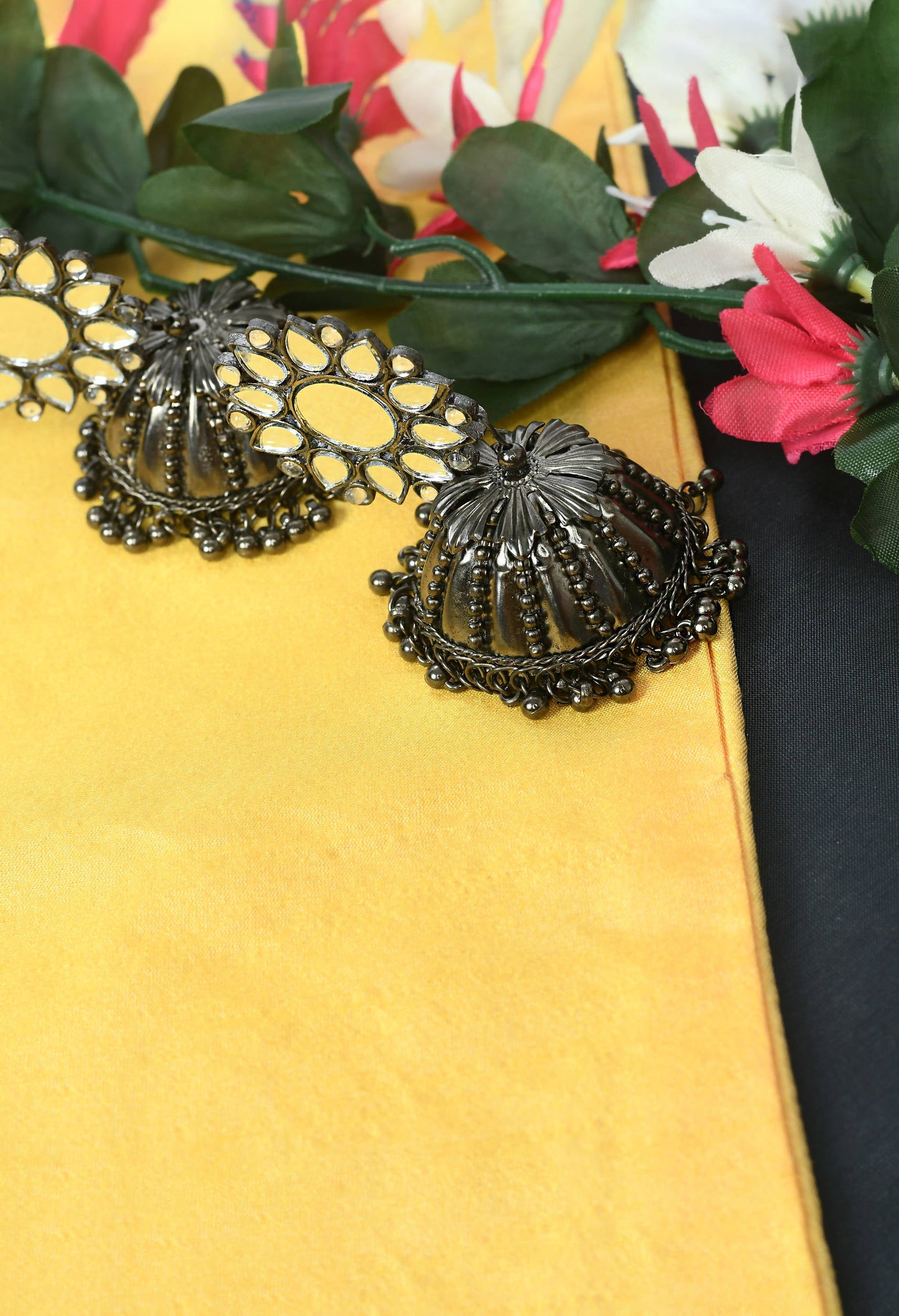 Mominos Fashion Johar Kamal Silver-Plated With Mirror Earrings Jhumkas