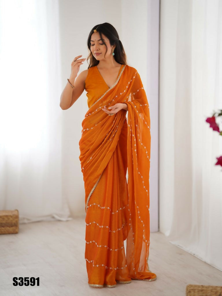Yellow Sitara Chiffon Designer Beads Moti,Val Sequence Work Saree - Noorie