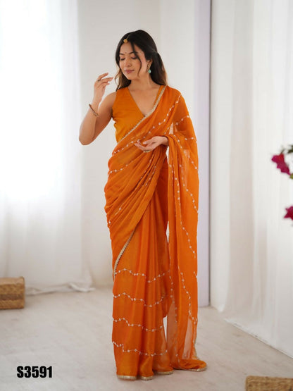 Yellow Sitara Chiffon Designer Beads Moti,Val Sequence Work Saree - Noorie