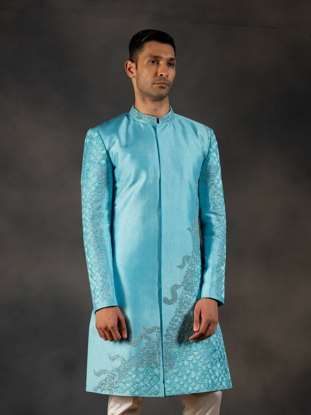 Sky Blue Hand Embroidered Indowestern Sherwani by Hilo Design