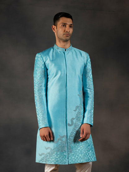 Sky Blue Hand Embroidered Indowestern Sherwani by Hilo Design