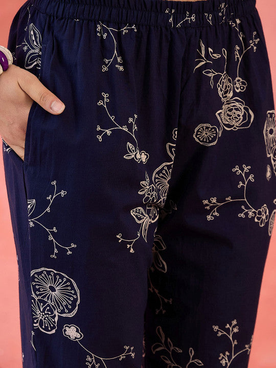 Sangria Floral Printed V-Neck Pure Cotton Tunic & Trouser Co-Ords