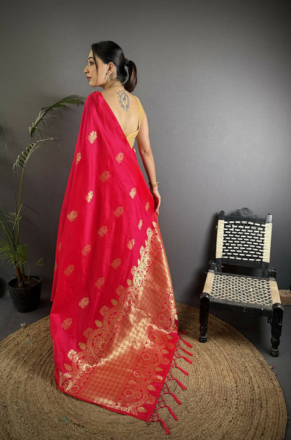 Joban Fashion Red Banarasi Lichi Silk Gold Zari Meena Saree