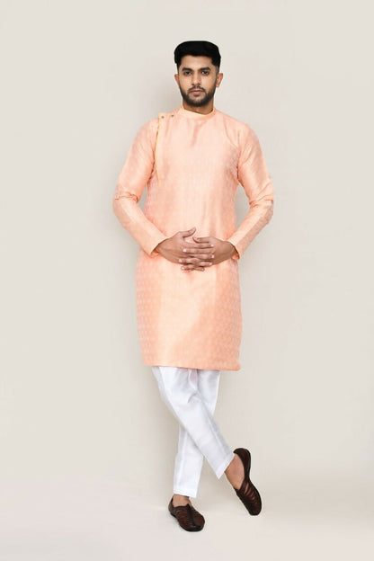 Joban Fashion Peach Colored Jacquard Silk Fabric Kurta With Straight Fit Pant